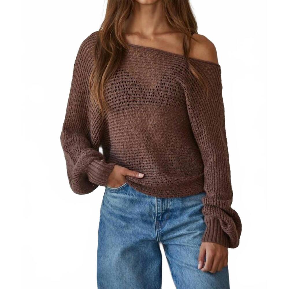 NEW BY TOGETHER knit crochet round neck long sleeve sweater in chocolate